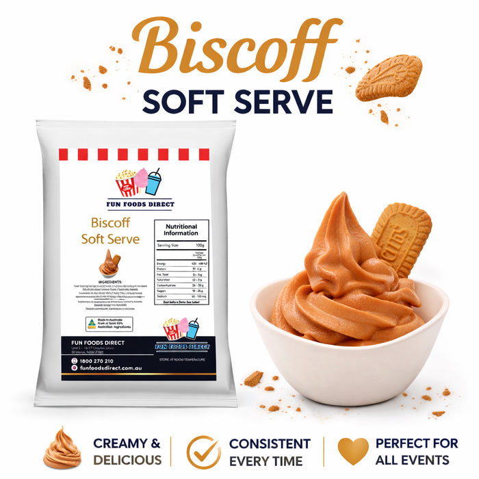Biscoff soft serve mix in a bowl topped with creamy Biscoff soft serve, capturing the rich flavor of Biscoff.