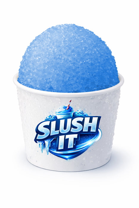 Blue bubblegum sno cone syrup served in a cup with a snow-like texture on top.