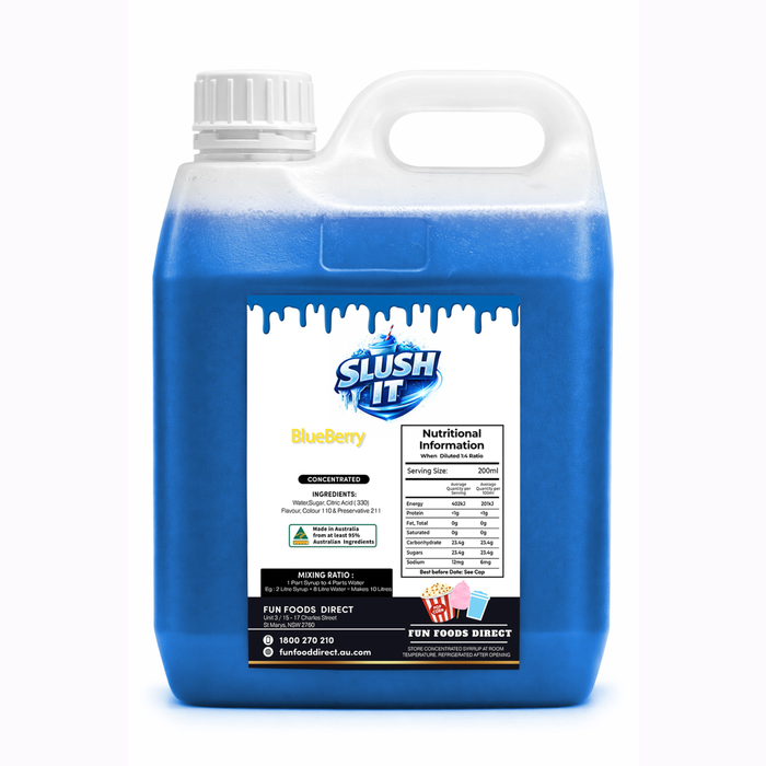 Blueberry Sno Cone flavour bottle 2L, featuring blueberry slushy syrup, vibrant color, and slushy nutritional information.
