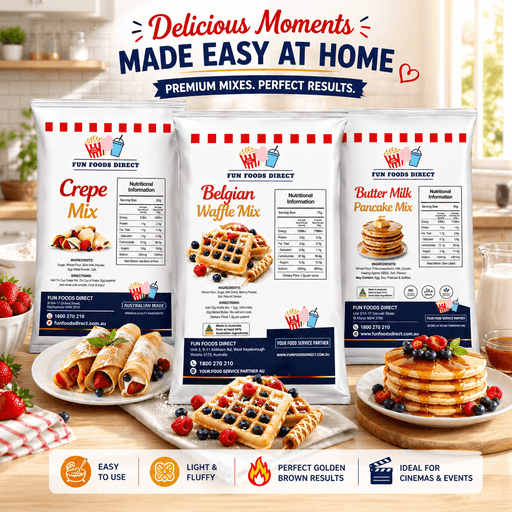 Breakfast dessert mix bundle featuring Buttermilk Pancake, Belgian Waffle, and Crepe Mix for easy homemade treats.