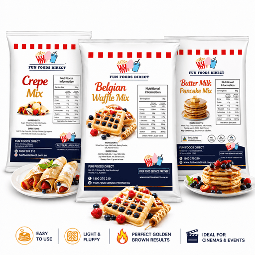 Breakfast dessert mix bundle featuring Buttermilk Pancake, Belgian Waffle, and Crepe Mix packaging ideal for home cooking.