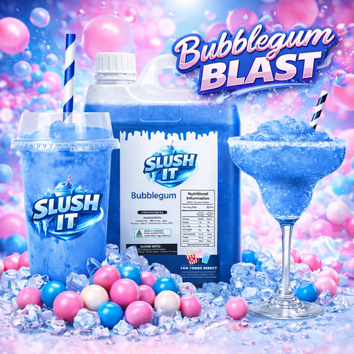 Bubblegum slushy mix display featuring a slushy cup, bottle, and frozen drink with vibrant blue colors and bubblegum-flavored ice.