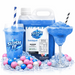 Bubblegum slushy mix in vibrant blue color with slushy drinks and syrup bottle, ideal for refreshing icy beverages.