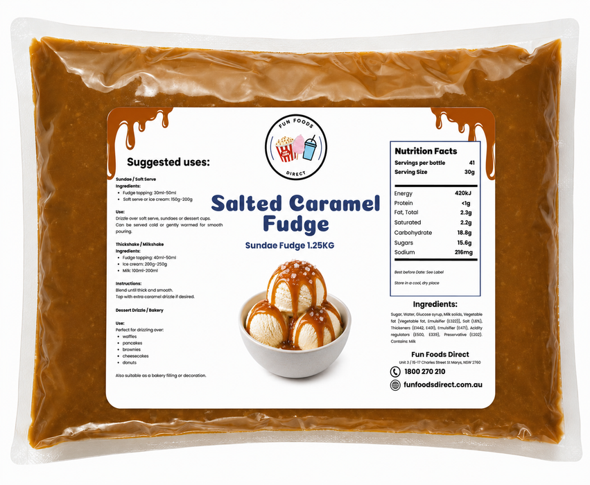 Sundae topping fudge in a pouch labeled Salted Caramel Fudge, ideal for drizzling on ice cream and desserts.