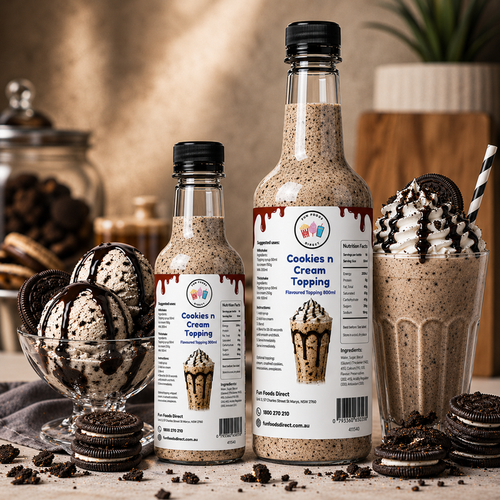 Cookies n Cream dessert topping bottles with milkshake and ice cream, perfect for desserts and drinks.