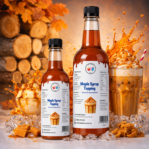 Maple Syrup Dessert Topping bottles next to a drink, showcasing rich flavor for thickshakes and desserts.