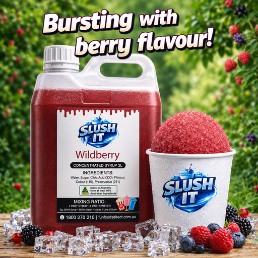 Wildberry Snow Cone Syrup bottle 2L with slush cup and berries, perfect for vibrant icy treats.