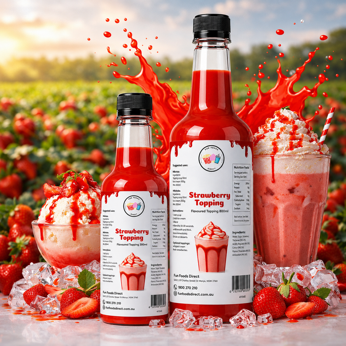Strawberry dessert topping bottles and dessert in a vibrant strawberry field, ideal for thickshakes, sundaes, and drinks.