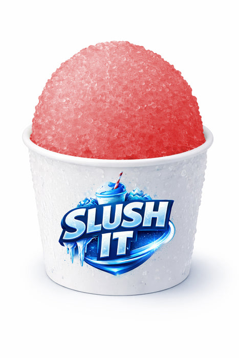 Delicious cherry sno cone syrup slush in a cup with ice and a bright label, perfect for summer treats.