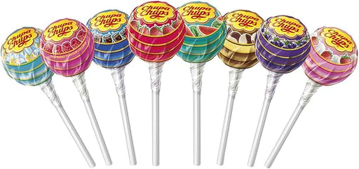 Chupa Chups lollipops bulk megatin assorted flavours, seven colourful wrapped Chupa Chups lollipops lined up on white background