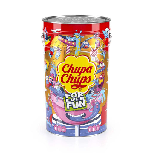 Chupa Chups lollipops bulk megatin 1000 pack in colourful party tin with assorted classic lollipop flavours