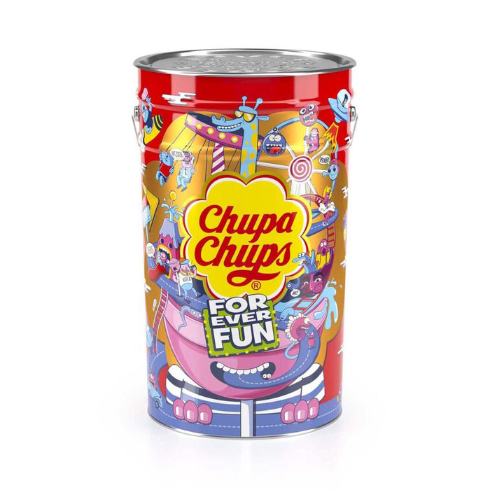 Chupa Chups lollipops bulk megatin 1000 pack in colourful party tin with assorted classic lollipop flavours