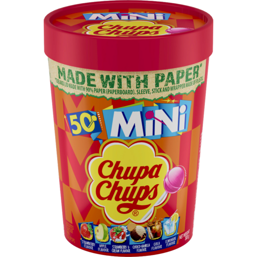Chupa Chups mini lollipops 50 pack tub of assorted mini lollipops in red paper-made container for parties and celebrations