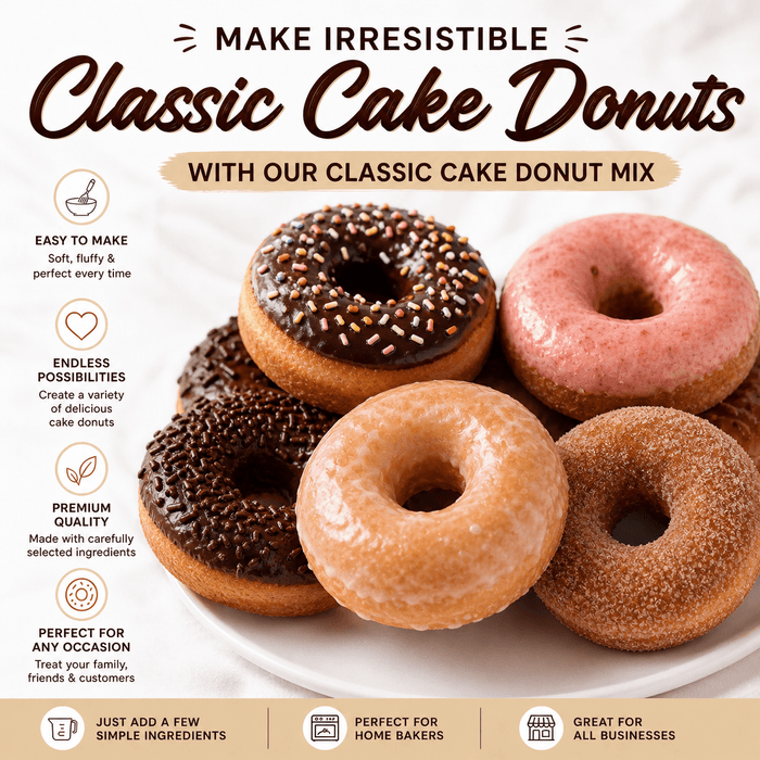 Classic Cake Donut Mix | World’s Best Tasting Donut Mix displayed with assorted delicious donuts on a rustic table.