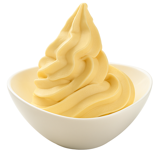Premium cheesecake soft serve mix in a white bowl, creamy golden swirl dessert ready to serve