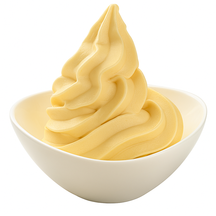 Premium cheesecake soft serve mix in a white bowl, creamy golden swirl dessert ready to serve