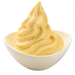 Premium cheesecake soft serve mix in a white bowl, creamy golden swirl dessert ready to serve