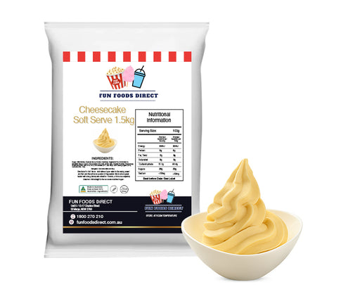 Premium cheesecake soft serve mix 1.5kg bag with bowl of creamy cheesecake soft serve dessert in front
