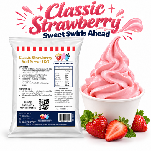 Classic Strawberry Soft Serve 1kg bag and soft serve dessert on a white background