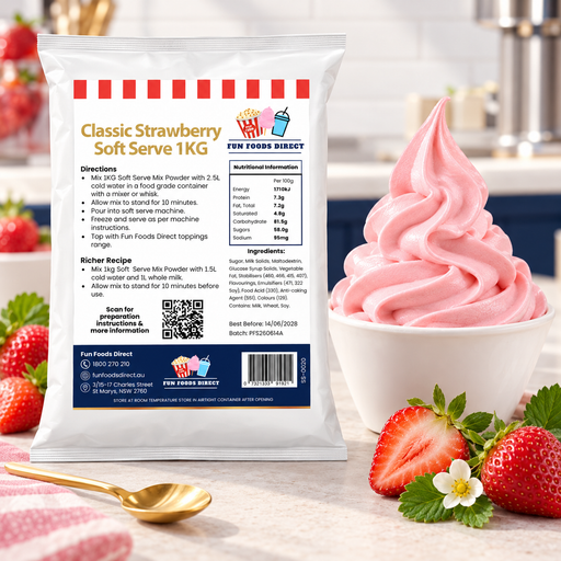 Classic Strawberry Soft Serve 1kg bag with soft serve dessert and flavour ingredients in a café setting