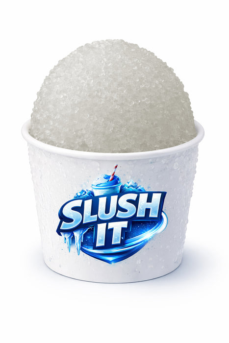 Clear lemonade snow cone syrup showcased on a refreshing ice slush in a branded cup.