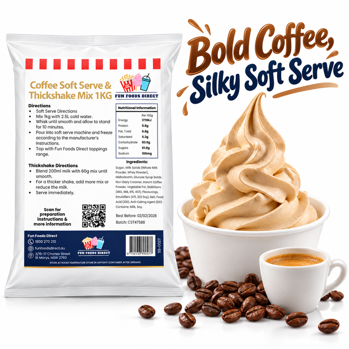 Coffee Soft Serve & Thickshake Mix 1kg pouch with coffee soft serve, beans and espresso on a white background