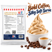 Coffee Soft Serve & Thickshake Mix 1kg pouch with coffee soft serve, beans and espresso on a white background