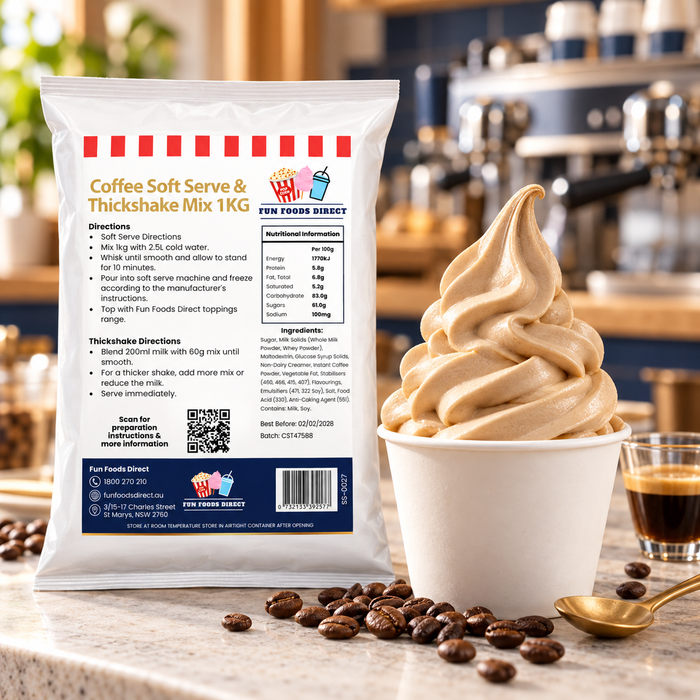 Coffee Soft Serve & Thickshake Mix 1kg pouch beside coffee soft serve and espresso at a cafe counter