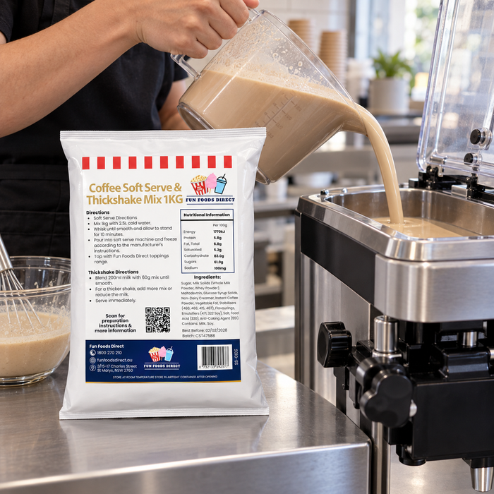 Pouring Coffee Soft Serve & Thickshake Mix into a soft serve machine beside the 1kg pouch
