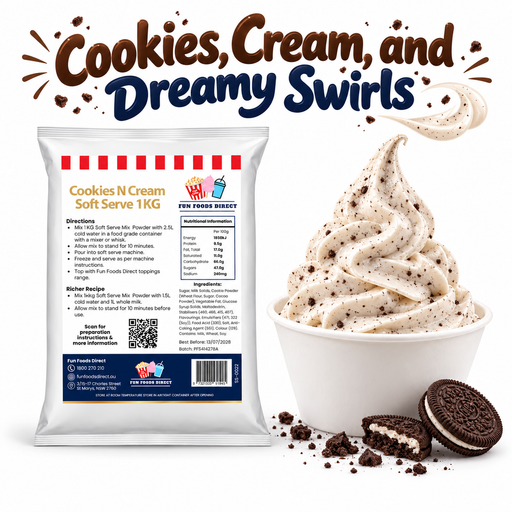 Cookies N Cream Soft Serve 1kg bag and soft serve dessert on a white background