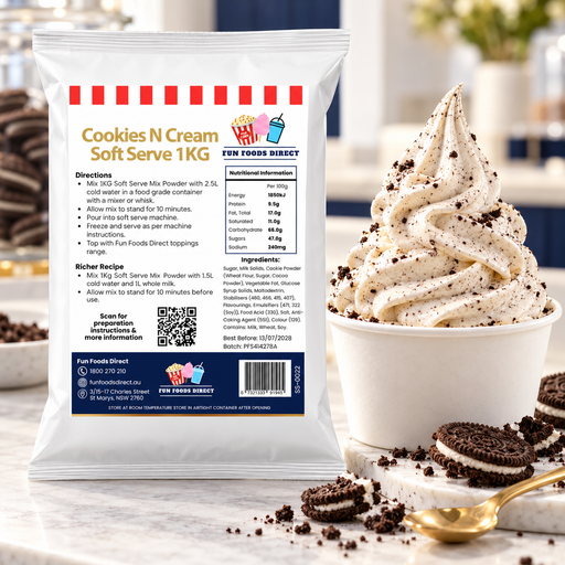 Cookies N Cream Soft Serve 1kg bag with soft serve dessert and flavour ingredients in a café setting