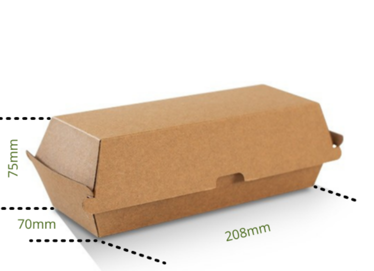 eco-friendly hot dog boxes in corrugated kraft material, showcasing dimensions of 208mm x 75mm x 70mm.