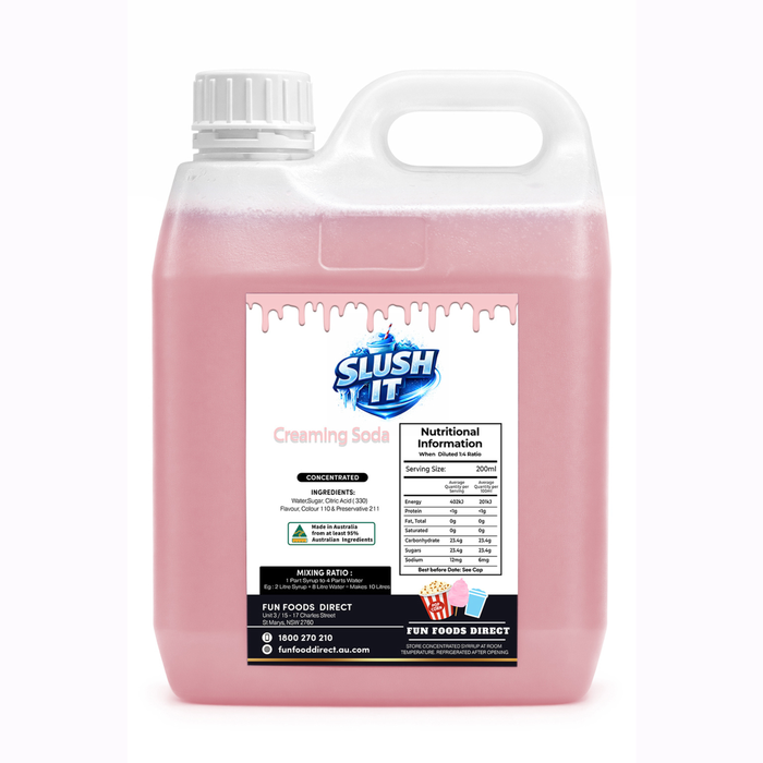 Creamy Soda Snow Cone Syrup in a 2L bottle, perfect for making refreshing icy treats.