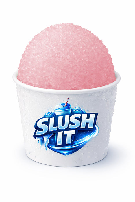 Creamy soda snow cone syrup in a slushed ice cup with a pink flavor topping.