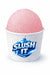 Creamy soda snow cone syrup in a slushed ice cup with a pink flavor topping.