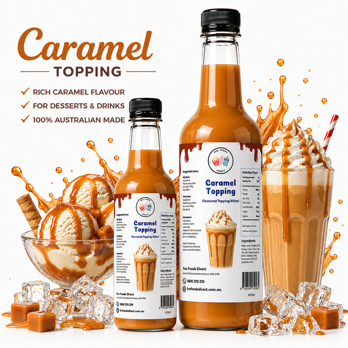 Caramel dessert topping in two bottles, showcasing rich caramel flavor for desserts and drinks.