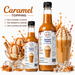 Caramel dessert topping in two bottles, showcasing rich caramel flavor for desserts and drinks.