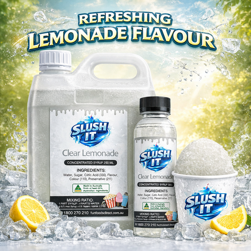 Clear lemonade snow cone syrup bottle and ingredients with refreshing lemonade flavor and ice.