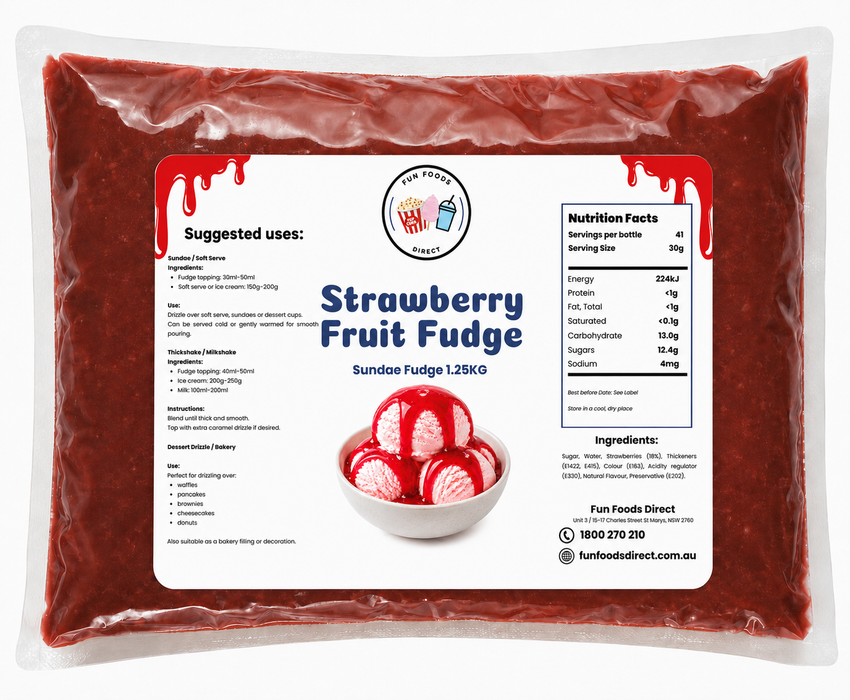 Strawberry Fruit Fudge packaging with dessert suggestions and nutritional information, perfect for sundaes.