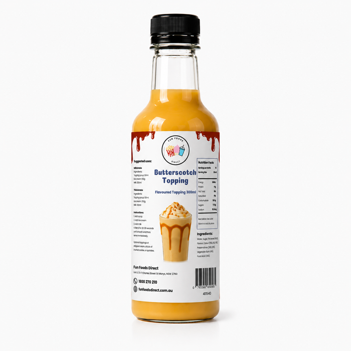Butterscotch Dessert Topping bottle, perfect for thickshakes, sundaes, and assorted drinks.