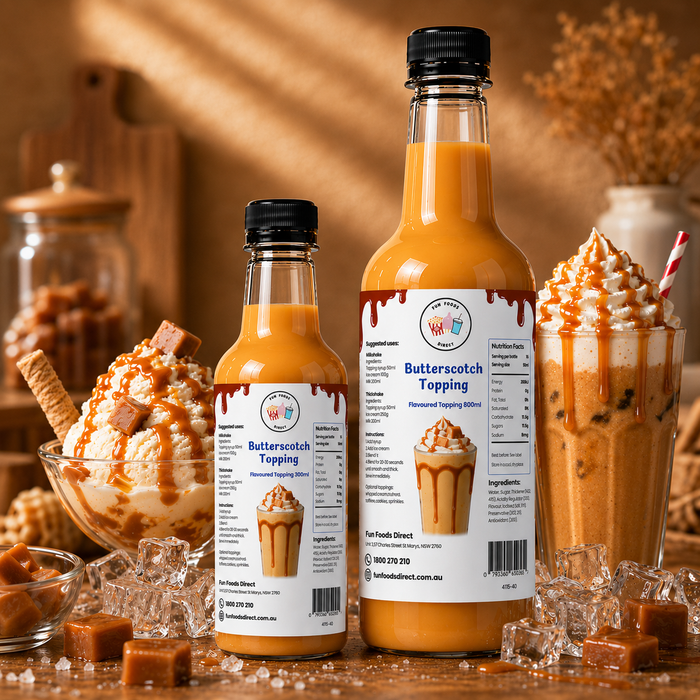 Butterscotch Dessert Topping bottles with dessert, perfect for thickshakes, sundaes, and drinks.