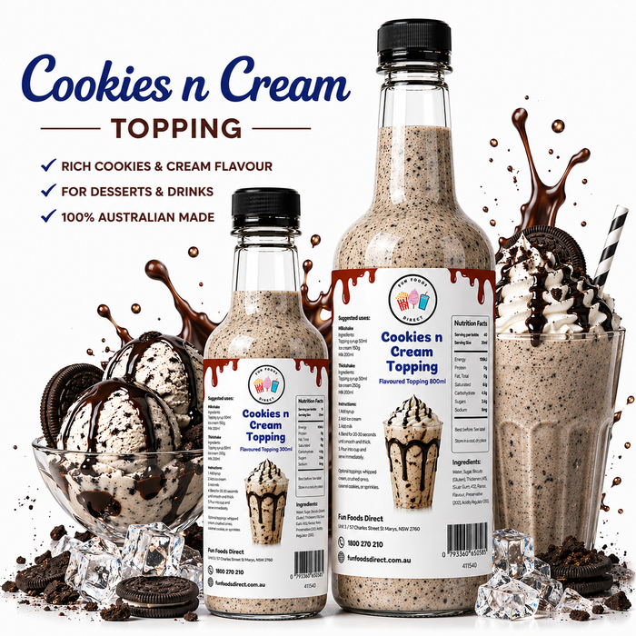 Cookies n Cream dessert topping bottles with rich cookies & cream flavor for desserts & drinks.