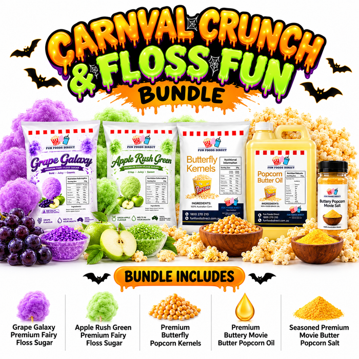 Halloween Haunted Carnival Treats Bundle – Fairy Floss Sugar & Movie Popcorn Kit – 5 Pack
