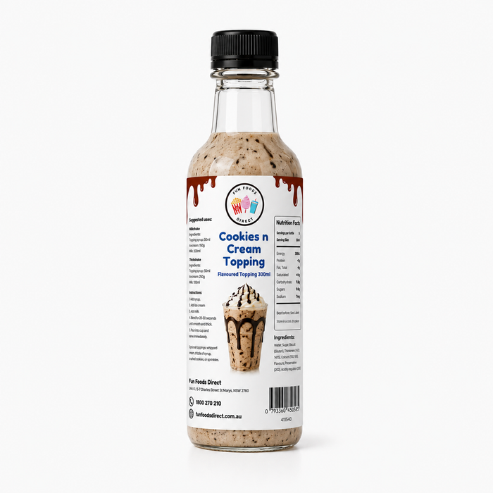 Cookies n Cream Dessert Topping bottle for thickshakes and sundaes, featuring creamy texture and easy use.