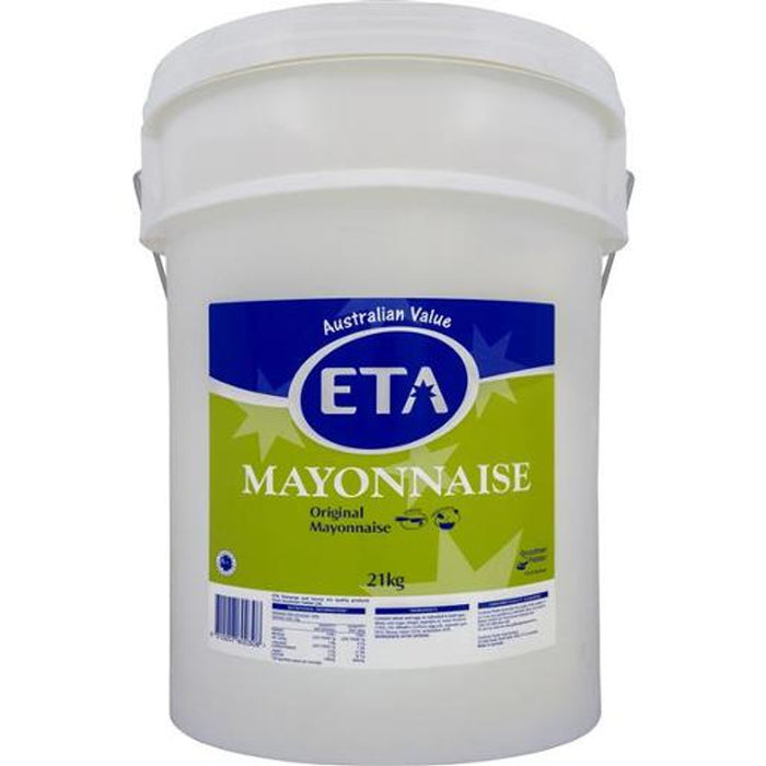 ETA mayonnaise 21kg bulk foodservice tub, original creamy mayo in large white pail for commercial kitchens and catering
