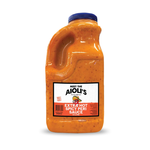 Extra Hot Spicy Peri Sauce 2.3 Lt bottle of fiery peri peri sauce in large catering-size container