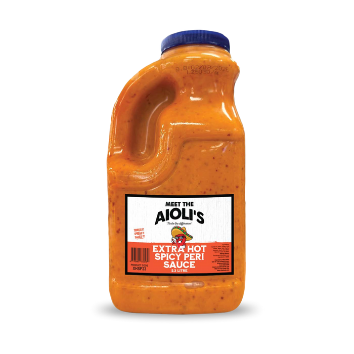Extra Hot Spicy Peri Sauce 2.3 Lt bottle of fiery peri peri sauce in large catering-size container