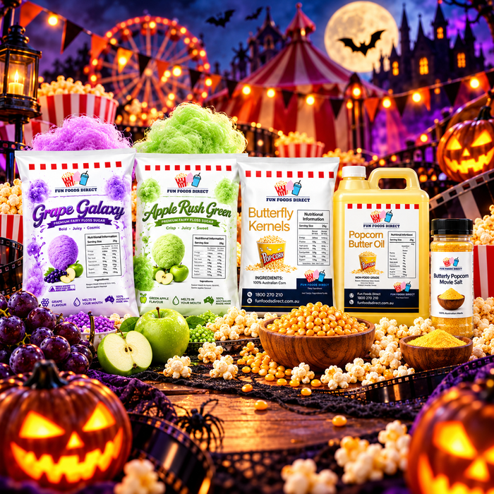 Halloween Haunted Carnival Treats Bundle – Fairy Floss Sugar & Movie Popcorn Kit – 5 Pack