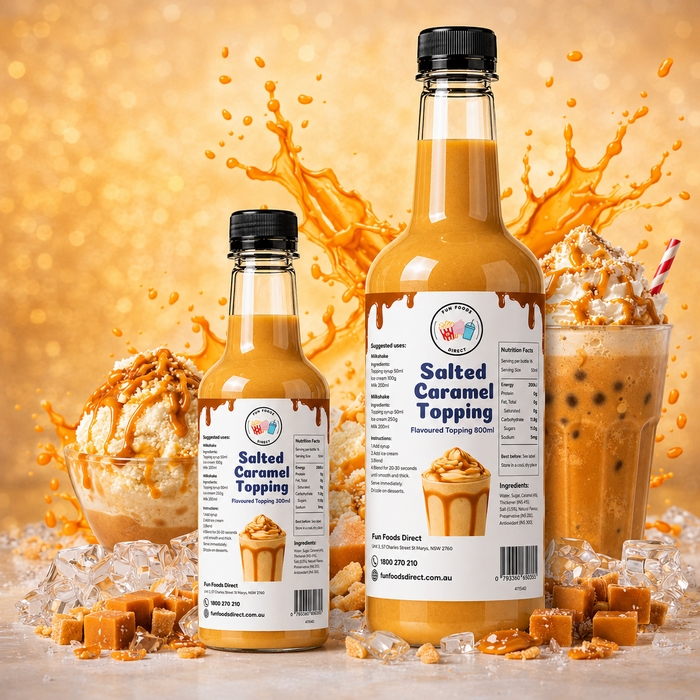 Salted Caramel Dessert Topping in two bottles with ice cream and drinks, perfect for milkshakes and sundaes.