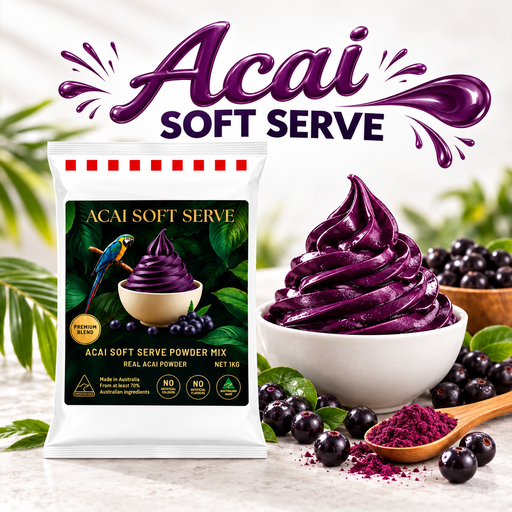 Acai Soft Serve Powder Mix 1kg pouch beside purple soft serve and acai powder in a bright tropical setting